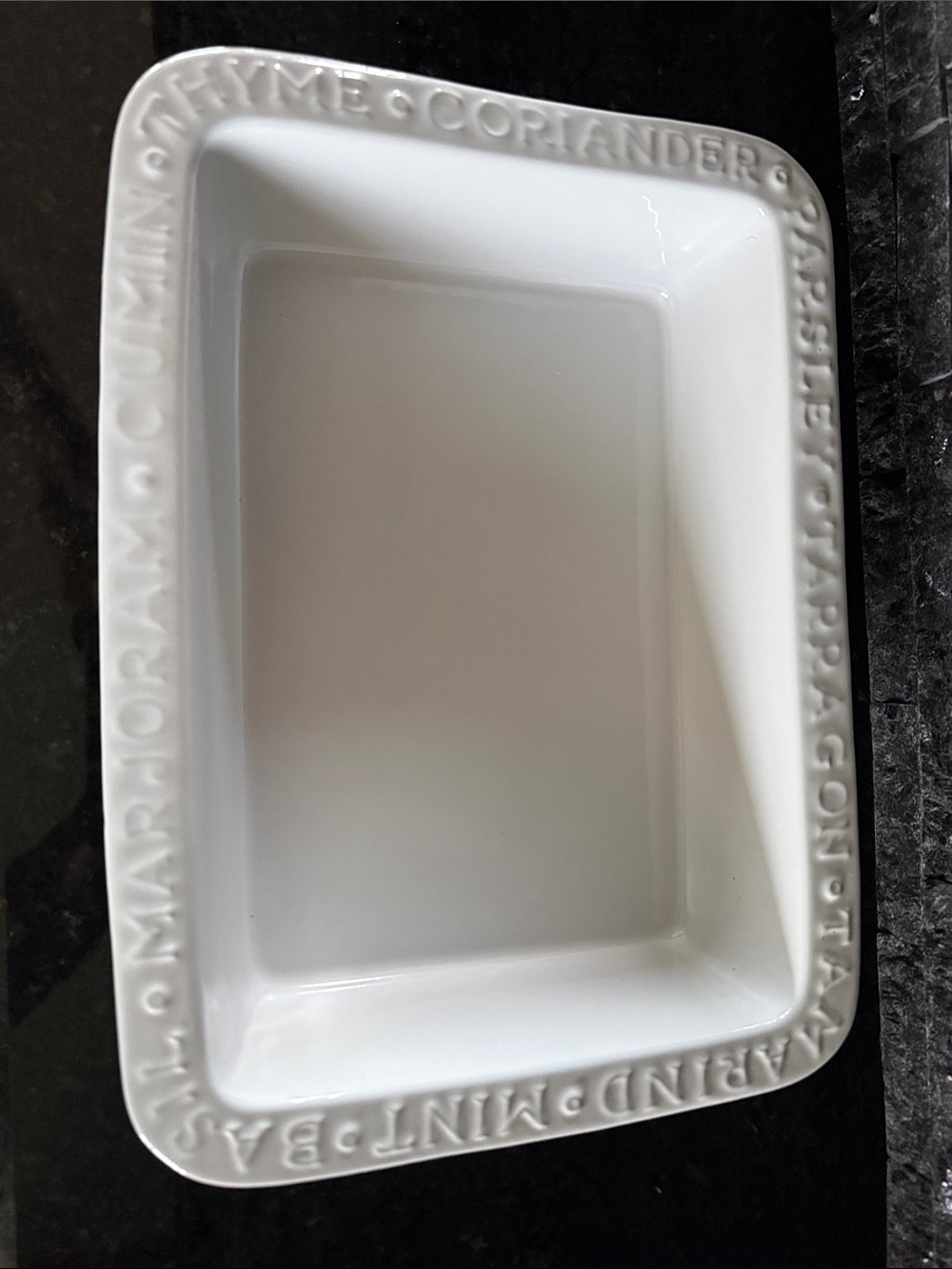 White Ceramic Rectangular Serving Dish with Herb Lettering